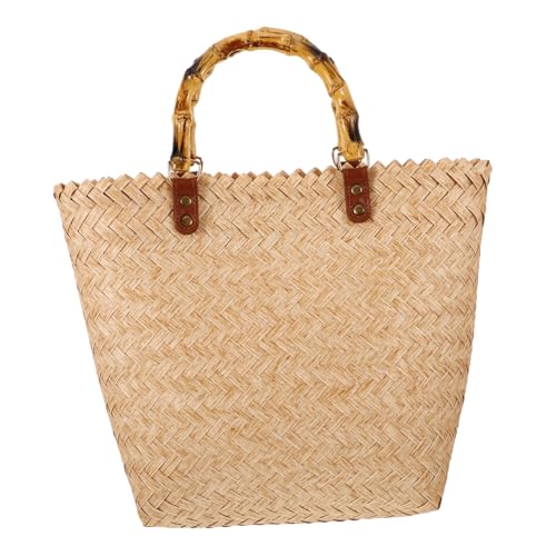 Healvian Große Strohtasche Damen Strandtasche Geflochtene Handtasche Boho Stil mit Holzgriff Sommerurlaub Picknick Einkaufstasche Beige von Healvian