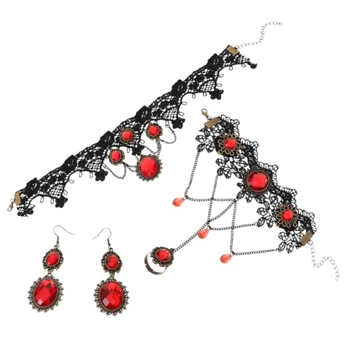 Healvian Halloween Schmuck Damen Gothic Steampunk Schwarze Spitze Choker Halskette Asymmetrisch Roter Edelstein Vintage Lolita Vampir Cosplay Accessoire von Healvian