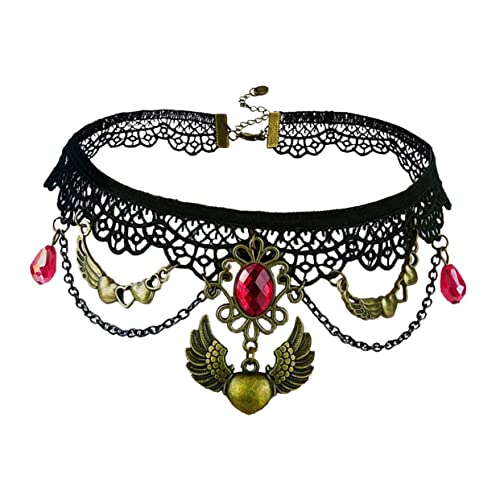 Healvian Halloween Spitzen Choker Halskette mit Roten Anhängern und Engelsflügeln Kurze Schwarze Halskette Leichte Vampir für Damen Stilvolles Körper und Halsaccessoire von Healvian