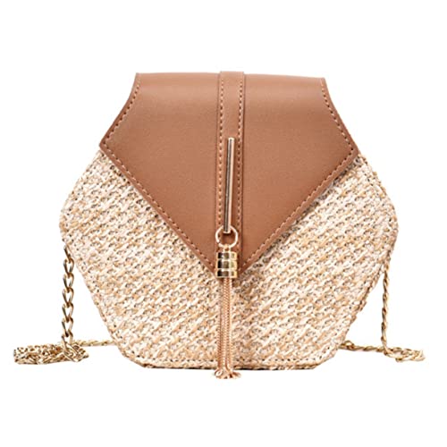 Healvian Handgefertigte Strohtasche Damen Schultertasche mit Kette und Quaste Kleine Umhängetasche Crossbody Bag für Alltag und Freizeit Braun von Healvian