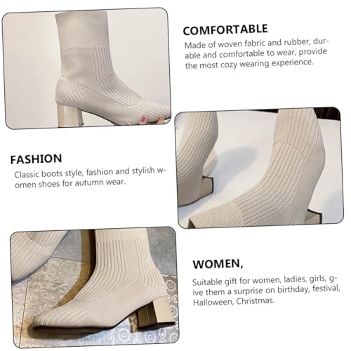 Healvian Herbst Damen Gestrickte Stiefeletten mit Chunky Blockabsatz Wadenlange Warme Boots aus Gewebtem Material Komfortable Damenstiefel für Alltag und Outdoor Beige von Healvian
