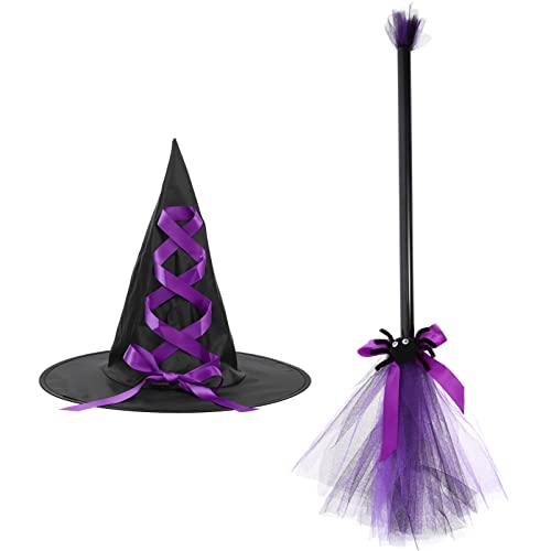 Healvian Hexenhut Set Für Erwachsene Hexenbesen Zaubererkappen Gruseliger Halloween Hexenhut Schwarzer Hexenhut Tüll Hexenhut Halloween Hexenbesen Kleinkind Hexenhut Und Besen von Healvian