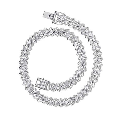 Healvian Hip Hop Herren Halskette Silber Link Chain Necklace mit Strass Vollbesetzt Kubanische Gliederkette Schmuck für Alltag Party und Reisen von Healvian