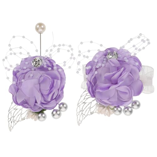 Healvian Hochwertiges Hochzeits-corsage und Boutonniere Set Romantisches Armband und Ansteckblume in Zartem Flieder Leichte Realistische Kunstblumen für Braut Bräutigam und Brautjungfern von Healvian