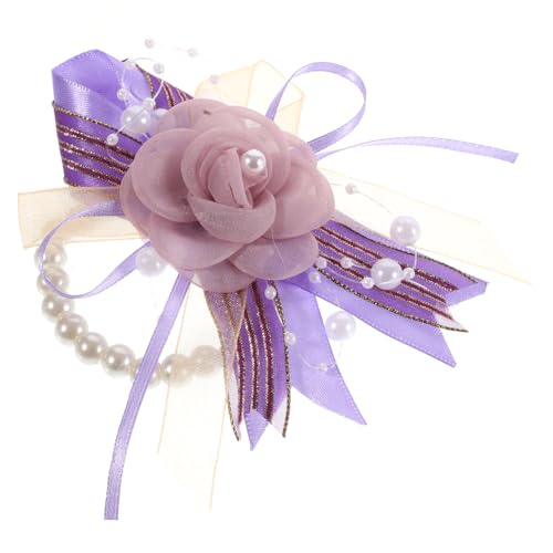 Healvian Hochzeit Brautjungfern Armband Blumen Handgelenk Corsage Künstliche Seidenrosen Perlen Schmuck Lavendelviolett für Party und Festliche Anlässe von Healvian