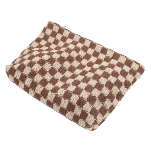 Healvian Knitted Toiletry Bag Für Damen Großer Kosmetik Organizer Tragbar Und Leicht Für Und Alltag Karierte Make-up Tasche Khaki von Healvian