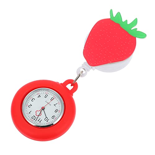 Healvian Krankenschwester Taschenuhr Einziehbar Quarz Uhr für Pflegekräfte Stilvolles Design in Rot mit Erdbeer Muster Praktische Ansteckuhr für Ärzte Pfleger für Besondere Anlässe von Healvian