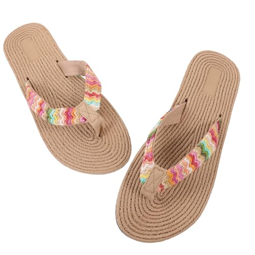Healvian Leichte Beach Sandalen Damen Flache Zehentrenner Sommer Strand Schuhe Komfortable Imitation Strohboden Sandaletten Freizeiturlaub Alltag von Healvian