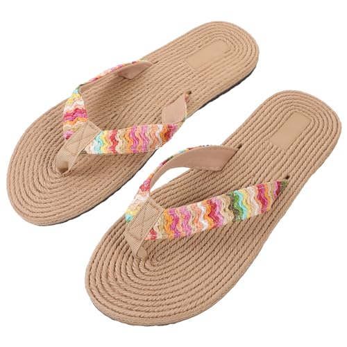 Healvian Leichte Damen Flip Flops mit Imitationsstroh Design Rutschfeste Gummisohle Flache Sommerschuhe für Strand und Freizeit Bequeme Sandalen zu Jeans Shorts und Röcken von Healvian