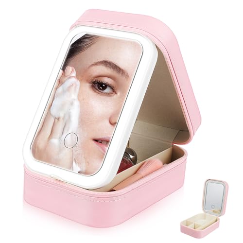 Healvian Make Up Koffer mit Spiegel Kleiner Kosmetik Organizer mit Beleuchtung Tragbare Schminktasche für Unterwegs Faltbarer Spiegel Kompakt Stark von Healvian