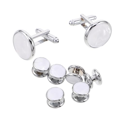 Healvian Manschettenknöpfe Set Herren Weißer Muschel Rund Französische Hemdknöpfe mit Shirt Studs für Business Hochzeit Party Elegantes Herren Schmuck Zubehör von Healvian