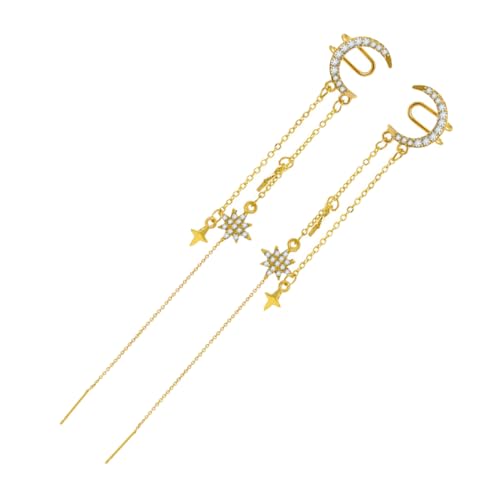 Healvian Durchdringende Ohrringe Mit Baumelnder Kette Stern Mond Design Ohrclip Aus Legierung Für Damen Mit Strasssteinen Kein Piercing Nötig von Healvian
