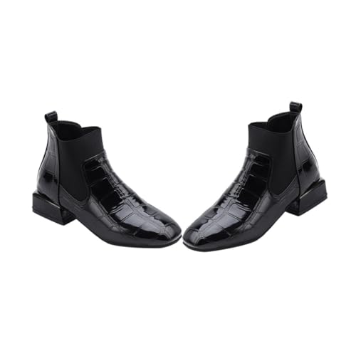 Healvian Patentierte Damen Kurzstiefel aus Schwarzem Lackleder mit Dickem Blockabsatz Rutschfester Sohle Elastischem Einsatz und Pull Loop Atmungsaktiv und Stylisch für Vielseitige Anlässe von Healvian