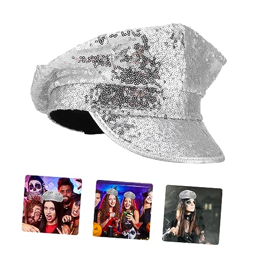 Healvian Peaked Cap mit Pailletten Silberner Breiter Modischer Bühnenhut für Karneval und Kostüm Komfortabel Stilvoll für Halloween und Performance von Healvian