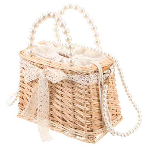 Healvian Pearl Verzierte Handgewebte Bambus Umhängetasche Damen Leichte Stilvolle Crossbody Tasche für Strand Reisen und Alltag Praktische Handgefertigte Tragetasche mit Modischem Design von Healvian