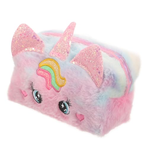 Healvian Plüsch Kosmetiktasche Einhorn Niedliche Mädchen Kulturtasche mit Geräumigem Innenfach Kompakter Reise Organizer für Make Up und Toilettenartikel Praktischer Handgriff Rosa Design von Healvian