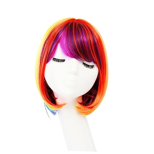 Healvian Kunsthaar Kurzhaarperücke Regenbogen Bunt Für Frauen Kopfbedeckung Cosplay Kostümparty Halloween Fasching von Healvian