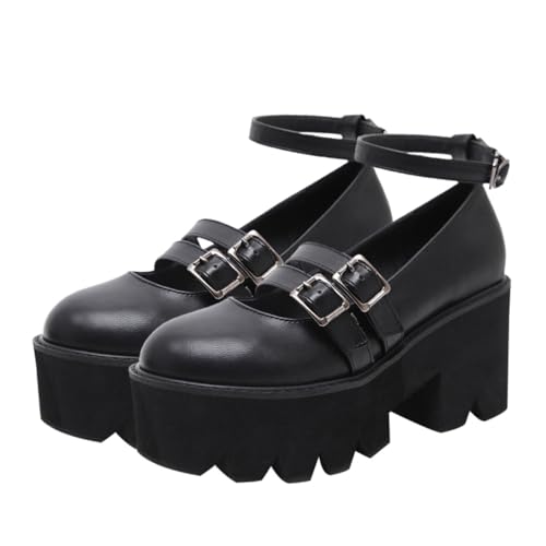 Healvian Retro Damen Schuhe Rundkopf Dicke Absatzschuhe aus Hochwertigem PU Material Bequeme Freizeit Lederschuhe für Alltag und Party in Schwarz von Healvian