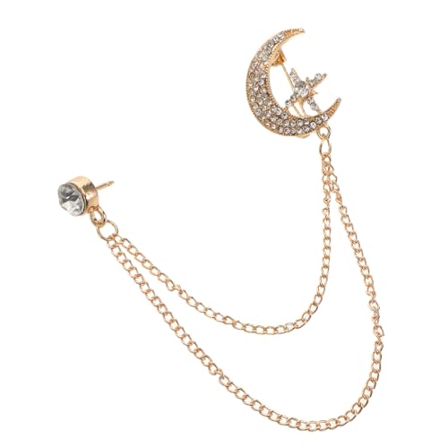 Healvian Rhinestone Stern Mond Brosche mit Langem Kettenanhänger Vintage Anstecknadel für Anzug Pullover Hemd Elegante Sicherheitsnadeln für Damen und Herren Goldfarben Strahlend und von Healvian
