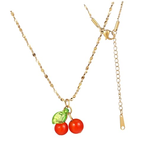 Healvian Rote Halskette Damen mit Kirschanhänger Zierliche Edelstahl Kette Langlebiger Titanstahl Modischer Statement Style Geschenkidee für Frauen von Healvian