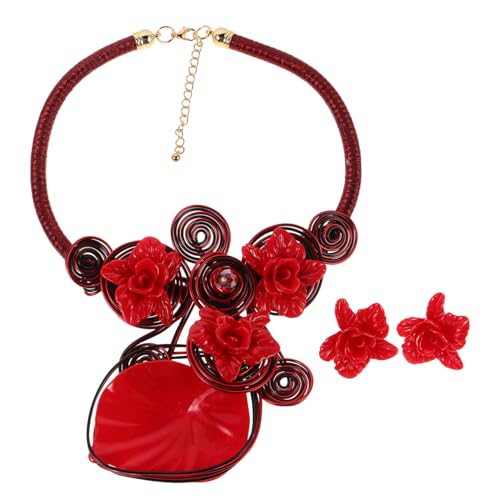 Healvian Rote Handgefertigte Aluminium-draht Blumen Statement Halskette und Anhänger Kragen Choker Ohrhänger Set Leicht für Frauen Party und Festliche Anlässe von Healvian