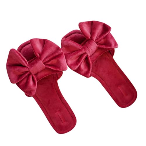 Healvian Rutschfeste Damen Hausschuhe mit Flachem Absatz und Rotem Samt bowknot Bequeme Indoor Slipper für Zuhause Langlebig und Warm von Healvian