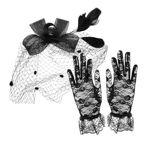Healvian Schleier -Top -Huthandschuhe kurze Mesh-Handschuhe Brautkopfbedeckung Blumenspitzenhandschuhe für Erwachsene Bowknot-Fascinator Fascinator und Handschuhe Black von Healvian