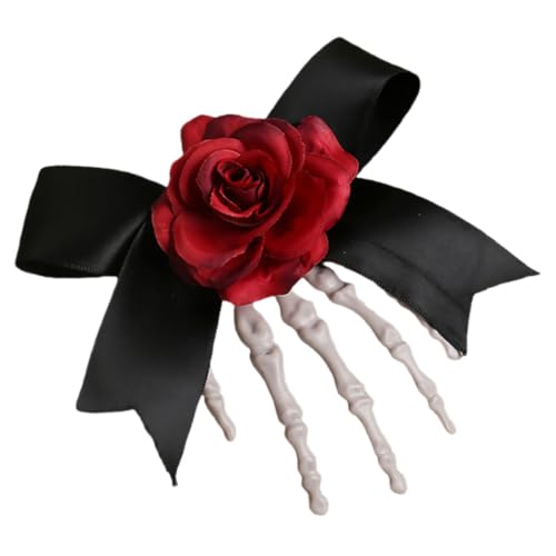 Healvian Skeletthand-haarspange Mit Stoffrose Und Schleife Halloween-haarschmuck Für Frauen Und Mädchen Gothic-kopfbedeckung Für Partys Und Cosplay von Healvian