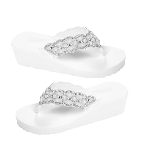 Healvian Sommer Damen Badeschuhe mit Perlen und Strass Rutschfeste Sandalen für Strand und Outdoor Weiße Flip Flops Bequeme Formstabile Sommerschuhe von Healvian