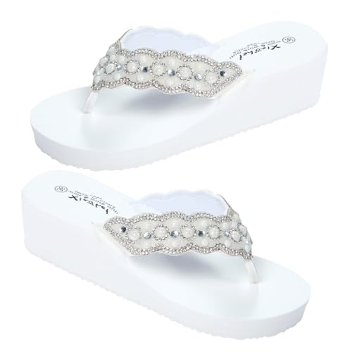 Healvian Sommer Damen Perlensandalen mit Rutschfester Sohle Weiße Flache Beach Shoes mit Perlen und Diamantverzierung Bequeme Keilabsatz Sandalen für Strand und Freizeit von Healvian
