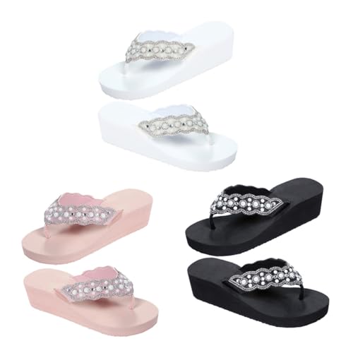 Healvian Sommer Damen Sandalen mit Keilabsatz Rutschfeste Pearl Diamond Flops Bequeme Outdoor Schuhe Zehentrenner mit Leichter Sohle Geeignet für Strand und Freizeit Schwarz von Healvian