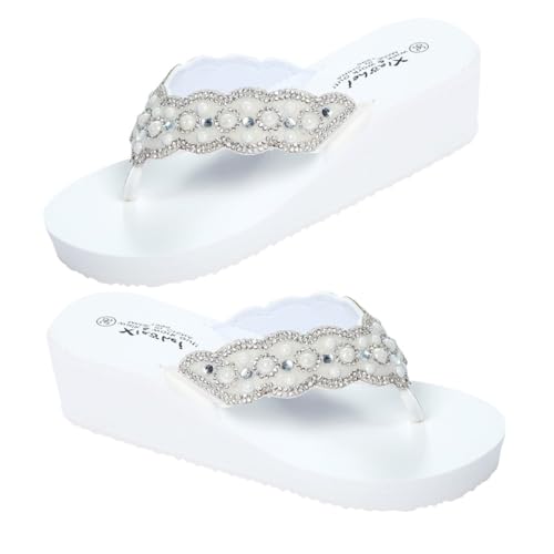 Healvian Sommer Damen Strand Schuhe Weiß Rutsch Keilsandalen mit Perlen und Verzierung Bequeme Outdoor Schuhe mit Rutschfester Sohle Flip Flops für Strand und Alltag von Healvian