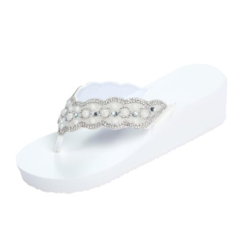 Healvian Sommer Damen Strand Schuhe mit Perlen und Diamantbesatz Rutschfeste Sohle Bequeme Keilabsatz Flip Flops Outdoor Pantoletten für Frauen Weiß von Healvian
