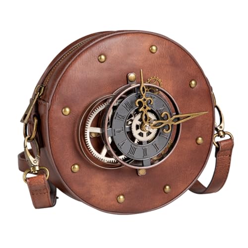Healvian Steampunk Damen Schultertasche PU Vintage Punk Handtasche Rundes Design Abnehmbarer Riemen Vielseitig Tragbar Robust und Langlebig von Healvian