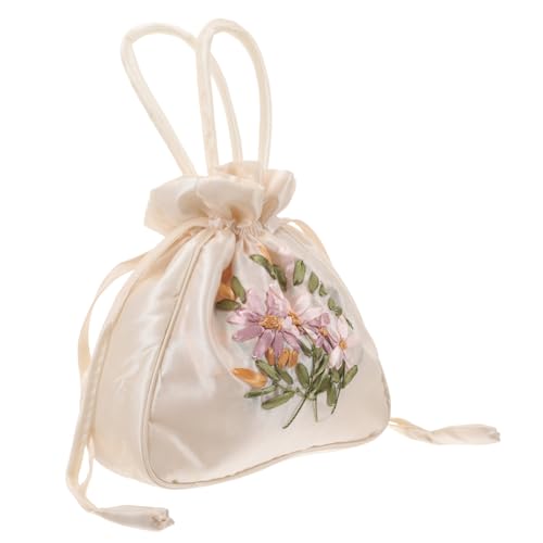 Healvian Stickstasche im ethnischen Stil für klein Geldbörse Blumen- Kordelstring Stickerei chinesische Stofftasche bestickte Handtasche Handgestickte Taschen die Seide Beige von Healvian