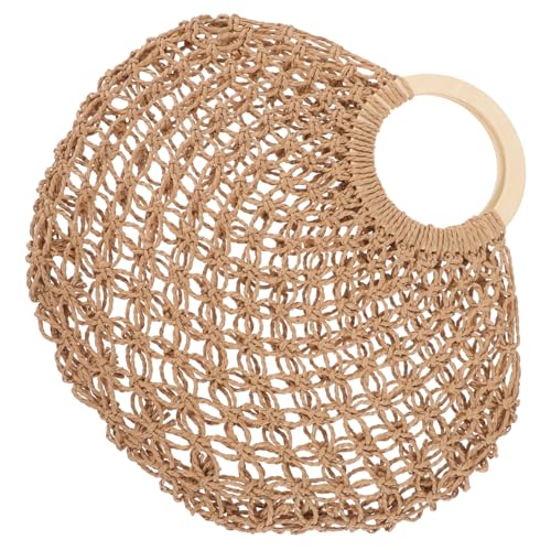 Healvian Strandtasche Damen Strohtasche Handgewebt Große Kapazität Leicht Elegant Rund Holzgriff Sommer Beach Tote Bag für Freizeit Urlaub Alltag von Healvian