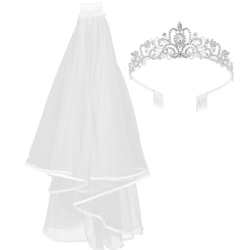 Healvian Strass Braut Tiara mit Silberner Haarreif Teiligem Brautschleier Funkelnde Damen Diadem für Hochzeit Party und Festliche Anlässe Robust und Komfortabel Passend von Healvian
