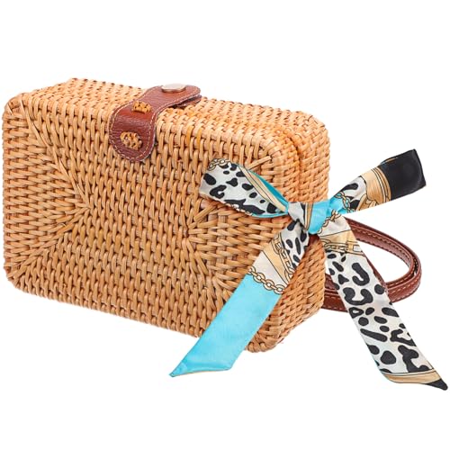 Healvian Straw Shoulder Bag Damen Handgewebte Kleine Stroh Umhängetasche Mit Dekorativer Seidenschal Sommer Strand Reise Alltag von Healvian