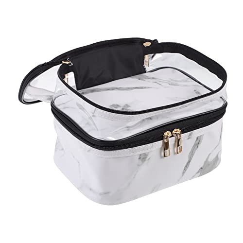 Healvian Transparente Doppellagige Kosmetiktasche aus PVC mit Marmor Muster Große Kapazität Tragbarer Kulturbeutel für Damen Robuster Reißverschluss für Reisen und Camping von Healvian