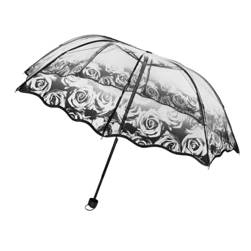 Healvian Transparenter Regenschirm mit Elegantem Schwarzem Rosenmuster Kompakter Faltbarer Taschenschirm Leichter Manueller Drei Fach Schirm für Damen Modischer Wetterschutz bei Regen und von Healvian