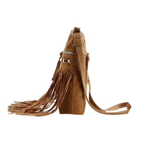 Healvian Velvet Single Shoulder Bag mit Quasten und Nietdesign Modische Crossbody Tasche für Damen Leichte Umhängetasche für Arbeit und Alltag Praktische Casual Pouch in Kamelfarbe von Healvian
