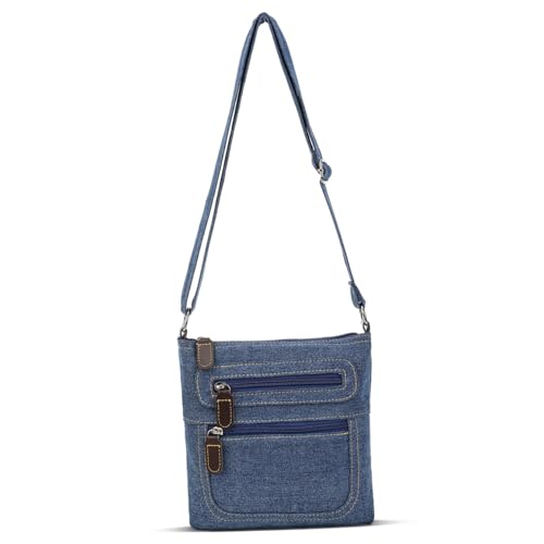 Healvian Vintage Denim Schultertasche Damen Quadratisch mit Mehreren Reißverschlüssen Retro Crossbody Bag in Solider Farbe Leichte Umhängetasche für Alltag und Freizeit von Healvian