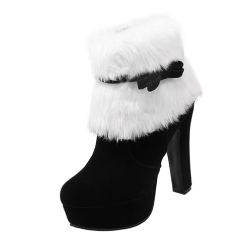 Healvian Weihnachtliche Damen Kurzstiefel mit Hohem Absatz Kuscheligem Plüsch Seitlichem Reißverschluss und Schleifen Design Winterstiefeletten für Festliche Anlässe und Alltag Schwarz von Healvian