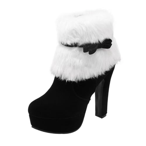 Healvian Weihnachtliche Damen Kurzstiefel mit Plüschfutter Dicker Absatz Wasserdichte Nubuk Optik Rutschfeste Gummisohle Bequeme Innenausstattung für Festliche Winter und Xmas Feiern von Healvian