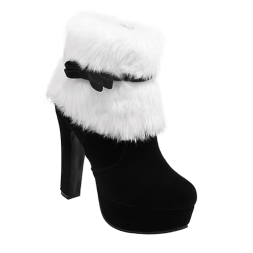 Healvian Weihnachtsstiefel Damen Kurzstiefel Rutschfest Plüsch Winterstiefel mit Absatz Schleifenverzierung und Reißverschluss Modisch Warm für Kalte Tage Schwarz von Healvian