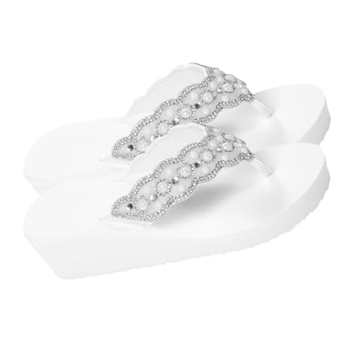 Healvian Weiß Perlen Strass Sandalen Damen Sommer Flops mit Rutschfester Sohle Bequeme Strand und Badeschuhe mit Mittlerem Absatz Langlebig und Leicht Anzuziehen von Healvian