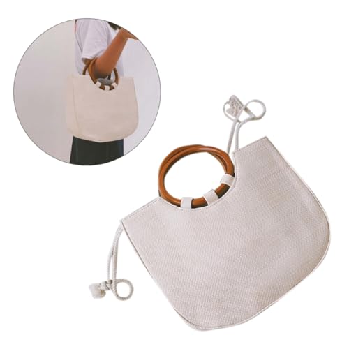 Healvian Weiße Damen Handtasche aus Handgewebtem Stroh mit Rundem Holzgriff Leichte Schultertasche für Sommer Strand Reise Modische Geräumige Tote Bag für Alltag und Urlaub von Healvian