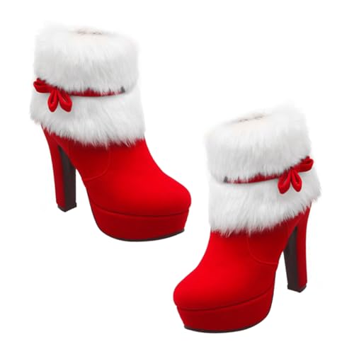 Healvian Winter Damen Kurzstiefel mit Plüschfutter Rutschfeste Gummisohle Hoher Blockabsatz Seitlicher Reißverschluss Weihnachtliches Design mit Schleifenverzierung für Weihnachts und Healvian Winter Damen Kurzstiefel mit Plüschfutter Rutschfeste Gummisohle Hoher Blockabsatz Seitlicher Reißverschluss Weihnachtliches Design mit Schleifenverzierung für Weihnachts und von Healvian