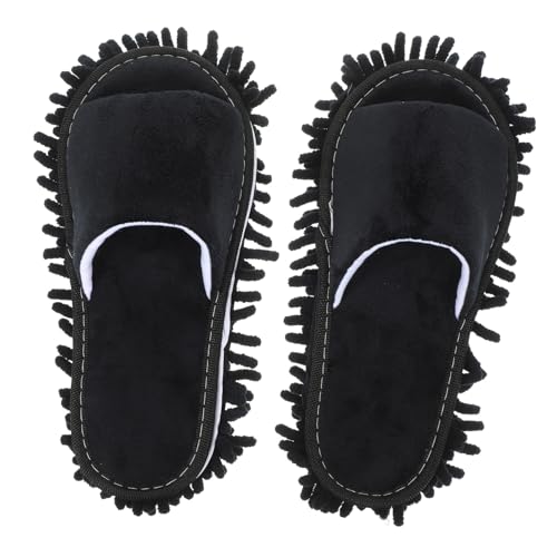 Healvian Winter Hausschuhe Damen und Herren Chenille sohle Rutschfeste Mop Slippers mit Zehenöffnung Wiederverwendbare Pantoffeln für Bodenreinigung und Staubwischen Schwarz von Healvian
