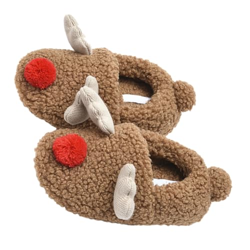 Healvian Winter Hausschuhe mit Weichem Rutschfestem Sohlenbezug Warmhaltend Braun mit Weihnachtsrentier Motiv Flauschig Leise für Innenbereich und Gemütliche Tage von Healvian